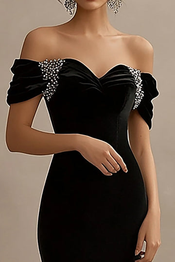 Sparkly Black Off the Shoulder Satin Long Formal Dress with Slit